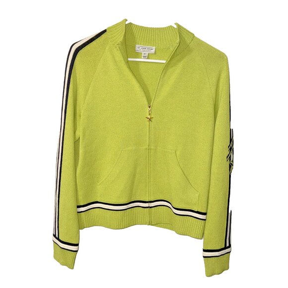 St John Sport Lime Green Full Zip Sweater Star Racing Stripes Sleeves Size Small - Picture 2 of 5